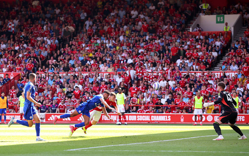 Chris Wood scores his team's second goal during the Premier League match between Nottingham Forest FC and Leicester City FC at City Ground on May 11, 2025 in Nottingham.
